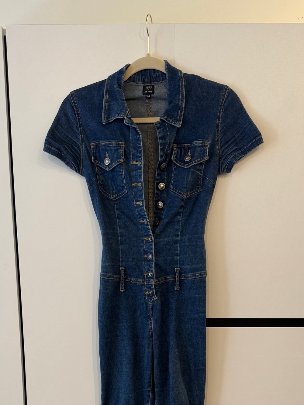 Vintage XOXO Y2K Dark Blue Denim Jumpsuit Jeans - Fitted Button-Front Size 3/4